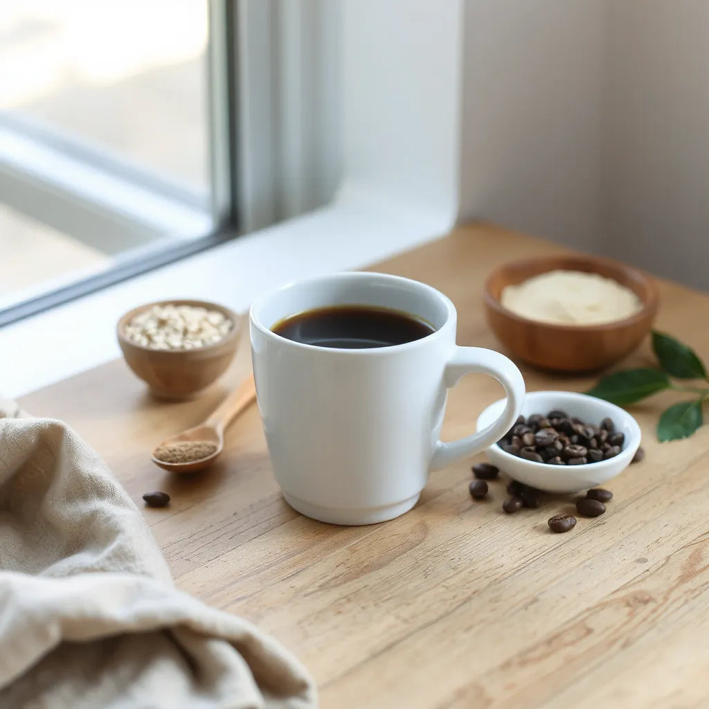 Warm coffee cup beside coffee beans and digestive-friendly ingredients on a wooden table