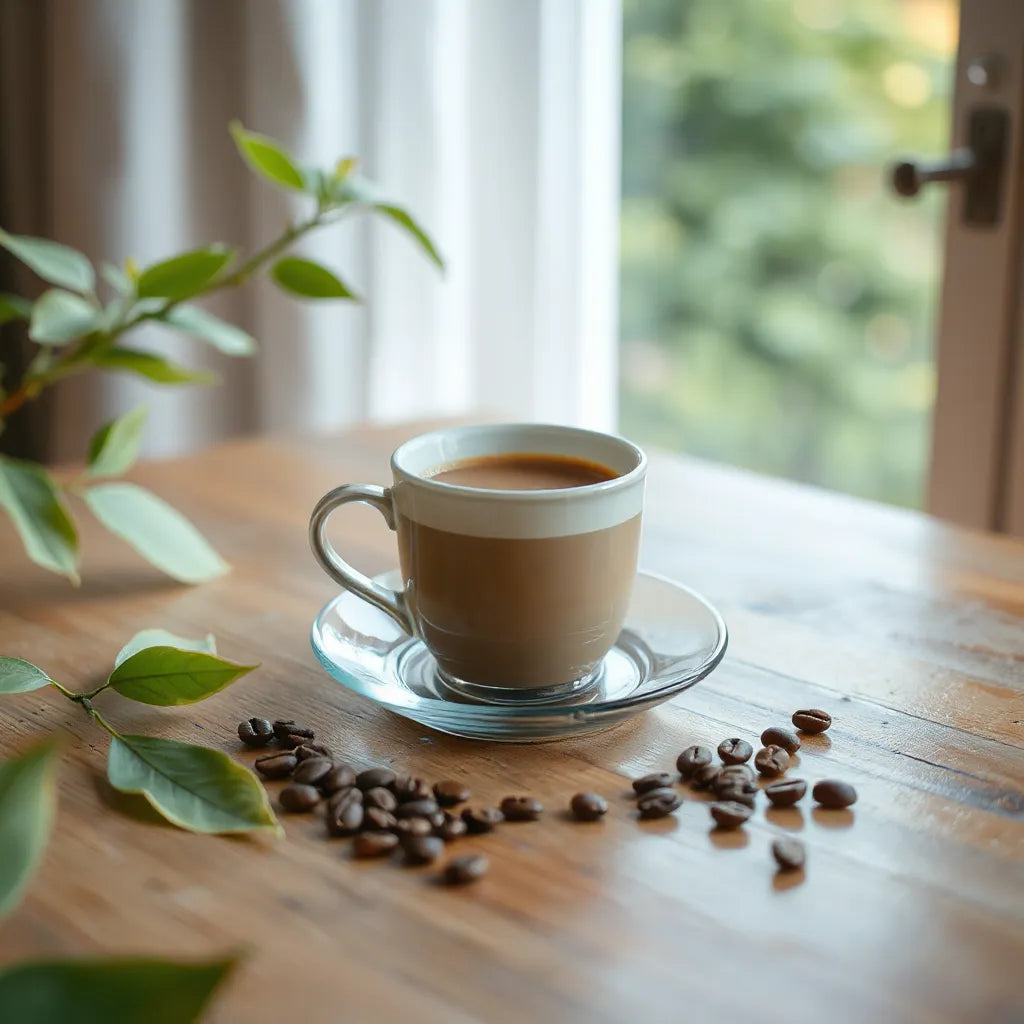Warm cup of coffee with scattered beans on a wooden table in soft morning light