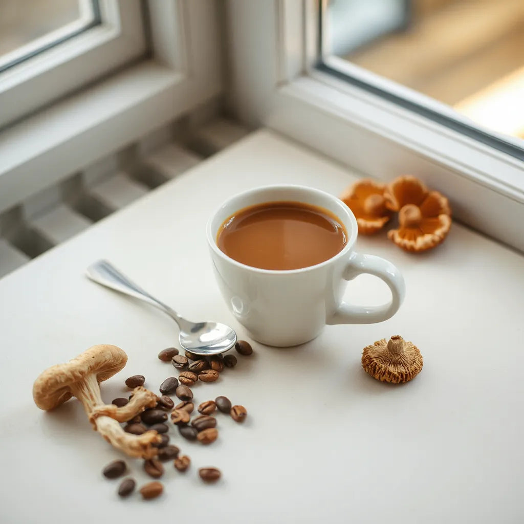 Warm cup of mushroom blend coffee with coffee beans and dried mushrooms on a light tabletop
