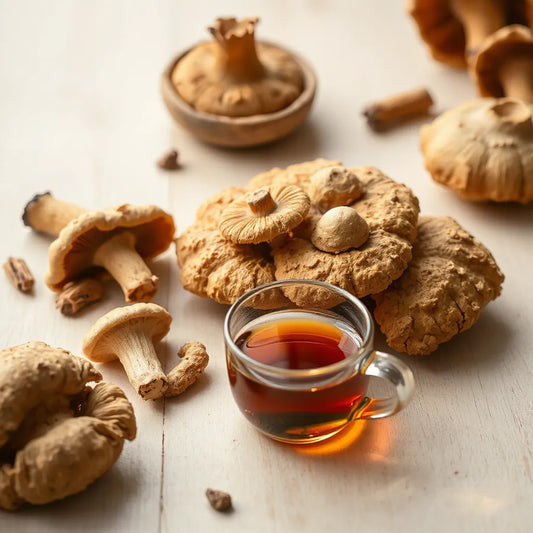 Fresh and dried reishi mushrooms with a small cup of herbal tea on a wooden surface