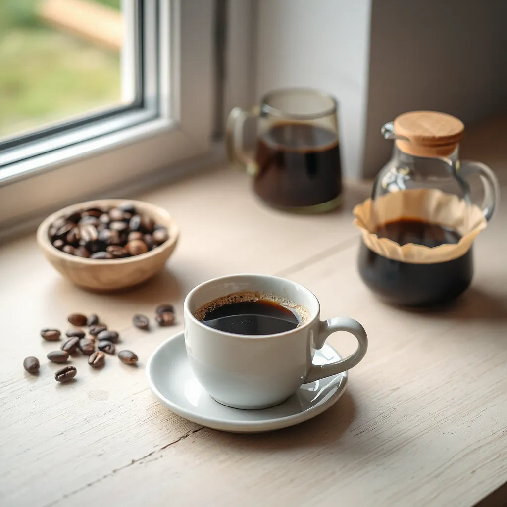 Warm mug of dark coffee with coffee beans and brewing tools on a light wooden table
