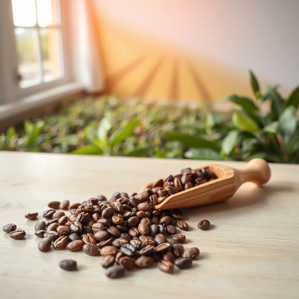 Fresh coffee beans and a wooden scoop with green coffee leaves in a bright, airy farm-inspired background