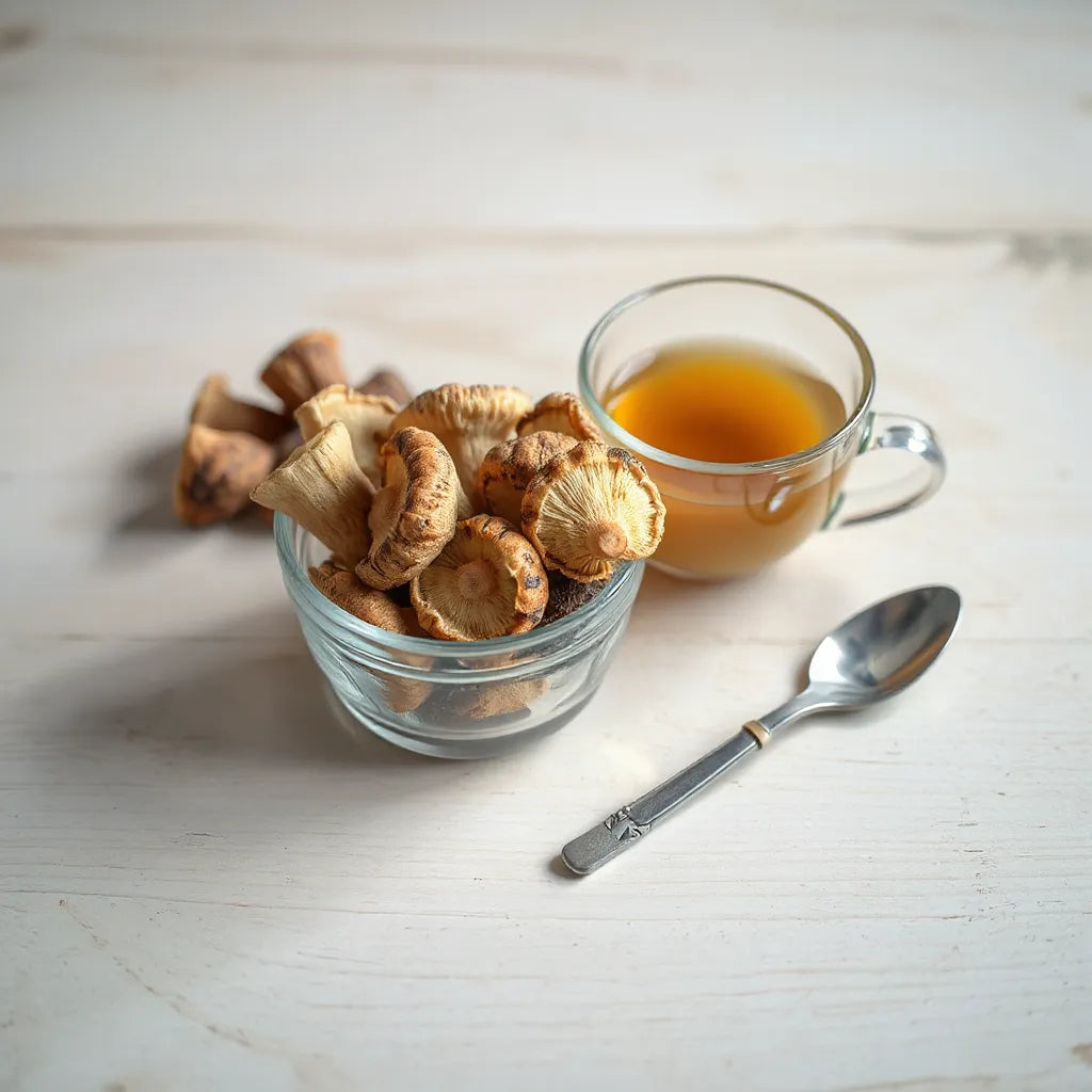 Dried turkey tail mushroom slices beside a cup of herbal tea on a wooden table